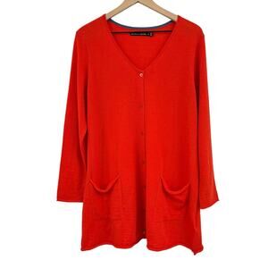 Gudrun Sjoden Organic Wool Cardigan Orange Longline Button Front Women’s Sz M
